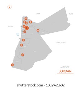 Stylized vector Jordan map showing big cities, capital Amman, 
administrative divisions.