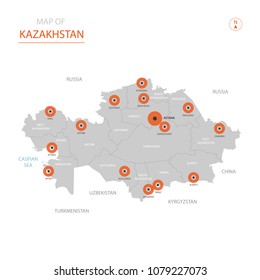 Stylized vector Kazakhstan map showing big cities, capital Astana, 
administrative divisions.