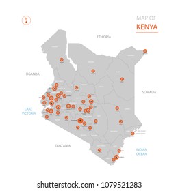 Stylized vector Kenya map showing big cities, capital Nairobi, administrative divisions.