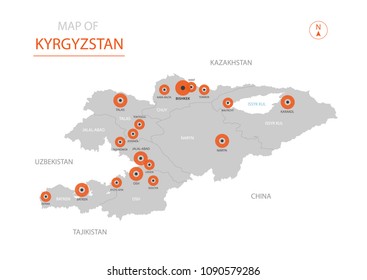 Stylized vector Kyrgyzstan map showing big cities, capital Bishkek, 
administrative divisions.