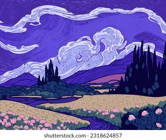 Stylized vector landscape in cool colors