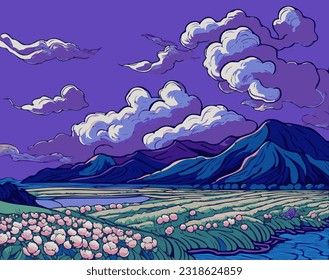 Stylized vector landscape in cool colors