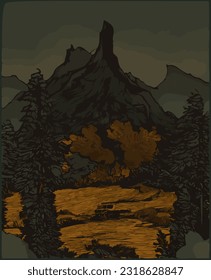 Stylized vector landscape at dusk.Art inspired by the works of Vincent van Gogh.Night mountain scenery