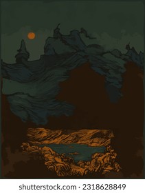 Stylized vector landscape at dusk.Art inspired by the works of Vincent van Gogh.Night mountain scenery