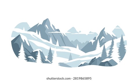 Stylized vector landscape featuring snow-capped mountain peaks and evergreen pine trees in a blue-toned flat design isolated on a white background for seasonal graphic projects.