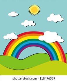 Stylized vector landscape with rainbow,sun and clouds