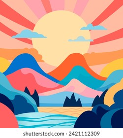 Stylische Vektorlandschaft mit Sonnenuntergang oder Sonnenaufgang in den Bergen im Memphis-Stil