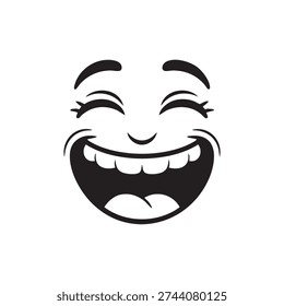 Stylized vector laughing face emoticon with closed eyes and wide open mouth conveying joy and happiness in a simple black and white graphic design.