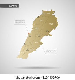 Stylized vector Lebanon map.  Infographic 3d gold map illustration with cities, borders, capital, administrative divisions and pointer marks, shadow; gradient background. 