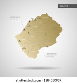 Stylized vector Lesotho map.  Infographic 3d gold map illustration with cities, borders, capital, administrative divisions and pointer marks, shadow; gradient background. 