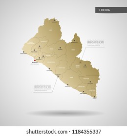 Stylized vector Liberia map.  Infographic 3d gold map illustration with cities, borders, capital, administrative divisions and pointer marks, shadow; gradient background. 
