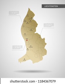 Stylized vector Liechtenstein map.  Infographic 3d gold map illustration with cities, borders, capital, administrative divisions and pointer marks, shadow; gradient background. 
