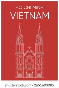 Arte vetorial estilizada da Catedral de Notre-Dame, na cidade de Ho Chi Minh, com contornos limpos e design mínimo, perfeito para viagens, cultura ou temas arquitetônicos.