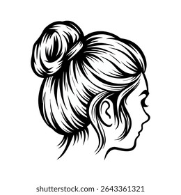 Estilizado vetor arte da linha da cabeça de uma mulher com um bun chique, texturizado.