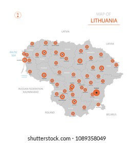 Stylized vector Lithuania map showing big cities, capital Vilnius, 
administrative divisions.