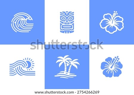 Stylized vector logos and icons featuring tropical vacation themes like ocean waves, tiki masks, hibiscus flowers, palm trees, and summer sun against a bright blue background.