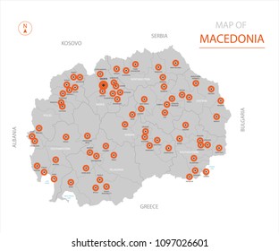Stylized vector Macedonia map showing big cities, capital Skopje, 
administrative divisions.