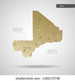Stylized vector Mali map.  Infographic 3d gold map illustration with cities, borders, capital, administrative divisions and pointer marks, shadow; gradient background. 
