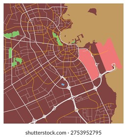 Stylized vector map of Doha city Qatar showing urban districts, major road networks, waterways, and surrounding landscape in a modern abstract cartographic design.