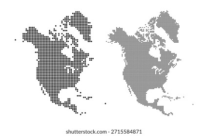 Mapa vetorial estilizado do continente norte-americano composto por pontos pretos sólidos sobre um fundo branco