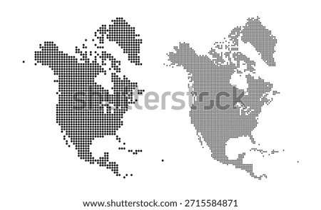 Stylized vector map of North America continent composed of solid black dots on a white background