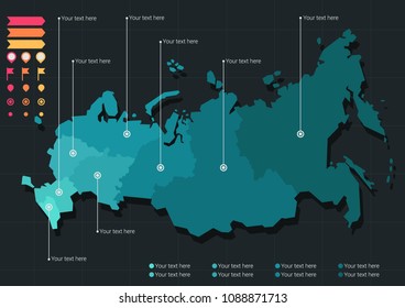 Stylized vector map of Russia in teal colors on dark background including a set of icons.