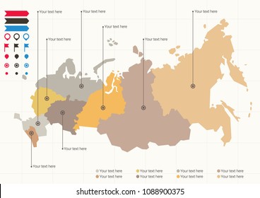 Stylized vector map of Russia in teal colors on dark background includiong a set of icons.