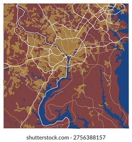 Stylized vector map of Washington DC United states showing urban districts, major road networks, waterways, and surrounding landscape in a modern abstract cartographic design.
