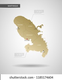Stylized vector Martinique map.  Infographic 3d gold map illustration with cities, borders, capital, administrative divisions and pointer marks, shadow; gradient background. 