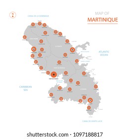 Stylized vector Martinique map showing big cities, capital Fort-de-France, 
administrative divisions.