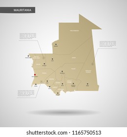 Stylized vector Mauritania map.  Infographic 3d gold map illustration with cities, borders, capital, administrative divisions and pointer marks, shadow; gradient background. 
