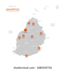 Stylized vector Mauritius map showing big cities, capital Port Louis, 
administrative divisions.
