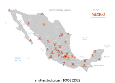 Stylized vector Mexico map showing big cities, capital Mexico City, 
administrative divisions.