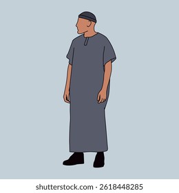 Stylized Vector of Middle Eastern Man in Traditional Clothing, Relaxed Side Pose, Illustration of Muslim Man in Gray Thobe Standing Casually, Side View