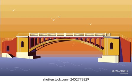 Stylized vector of Montazah Bridge in Alexandria at sunset, with birds and calm waters, reflecting Egyptian architecture.