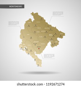 Mapa de Montenegro vectorial estilizado.  Ilustración de mapas de oro 3d de la infografía con ciudades, fronteras, capital, divisiones administrativas y marcas de puntero, sombra; fondo degradado. 