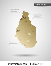 Stylized vector Montserrat map.  Infographic 3d gold map illustration with cities, borders, capital, administrative divisions and pointer marks, shadow; gradient background. 