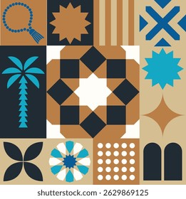 Stylized vector mosaic including geometric stars, palm, floral motifs and ornament tiles in Islamic style.