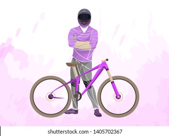 Stylized vector of a mountain biker standing confidently with arms crossed behind a pink trail bike. Geometric lines and bold colors emphasize strength and sporty identity.
