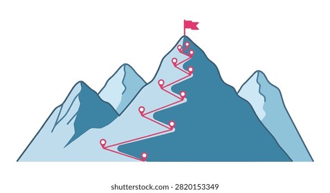 Stylized vector mountain range illustration featuring a red zig-zag path with map pin markers leading to a red flag at the highest summit peak on a white background.