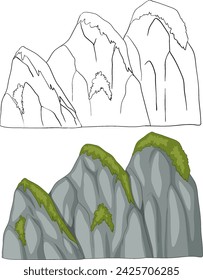 Stylized vector of mountains with green foliage.