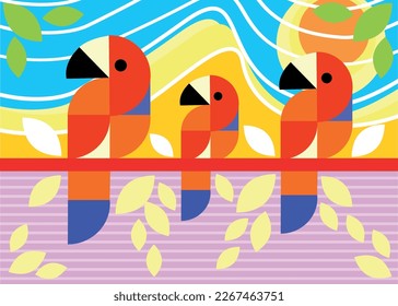 Stylized vector multicolored illustration of macaws on abstract background.