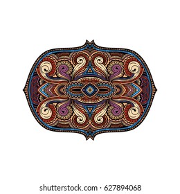 stylized vector multicolored ornamental Lotus flower, ethnic art, patterned Indian paisley. Hand drawn illustration. Invitation element