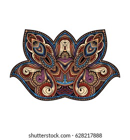 stylized vector multicolored ornamental Lotus flower, ethnic art, patterned Indian paisley. Hand drawn illustration. Invitation element.