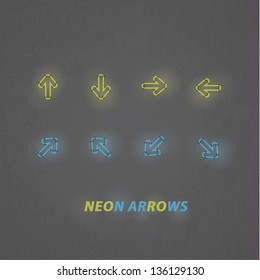 Stylized vector neon arrows. Modern design navigation with dark background. Lighting effect, plastic feel. Two contrast colors.