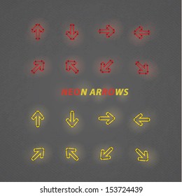Stylized vector neon arrows. Modern design navigation with dark background. Lighting effect, plastic feel. Two contrast colors. 