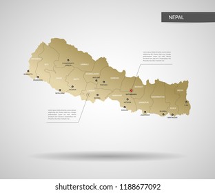 Stylized vector Nepal map.  Infographic 3d gold map illustration with cities, borders, capital, administrative divisions and pointer marks, shadow; gradient background. 
