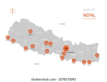 Stylized vector Nepal map showing big cities, capital Kathmandu, administrative divisions.