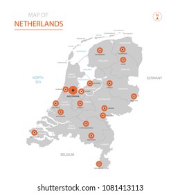 Stylized vector Netherlands map showing big cities, capital Amsterdam, 
administrative divisions.