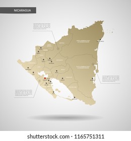 Stylized vector Nicaragua map.  Infographic 3d gold map illustration with cities, borders, capital, administrative divisions and pointer marks, shadow; gradient background. 